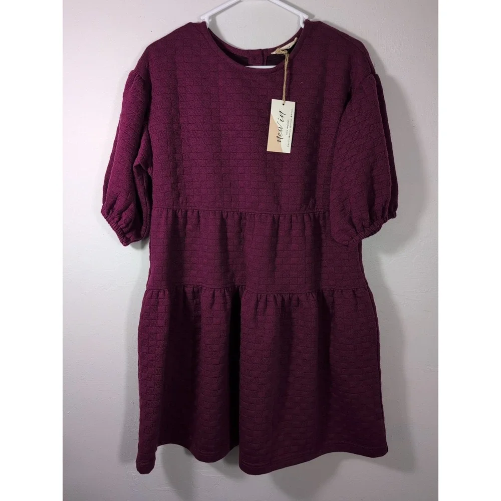 New In  Quilted Balloon Sleeve Dress‎ Purple Small New